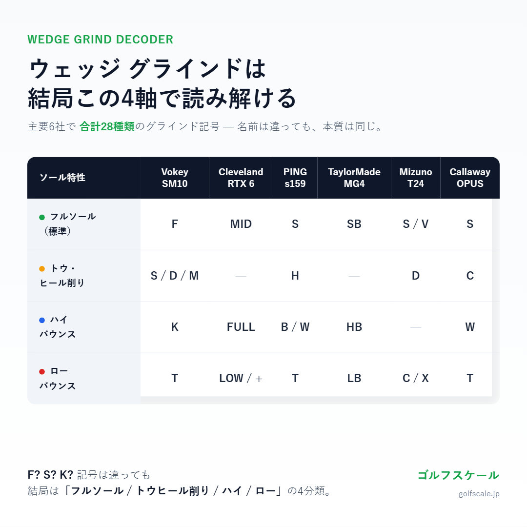 主要6社のウェッジグラインド同義語マップ — フルソール / トウヒール削り / ハイバウンス / ローバウンスの4軸で整理